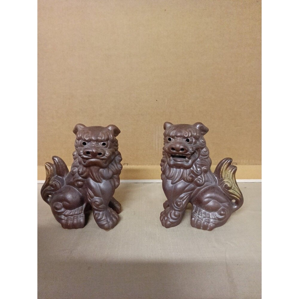 Vintage Brown Ceramic Foo Dog Pair Chinese Guardian Lion Figurines